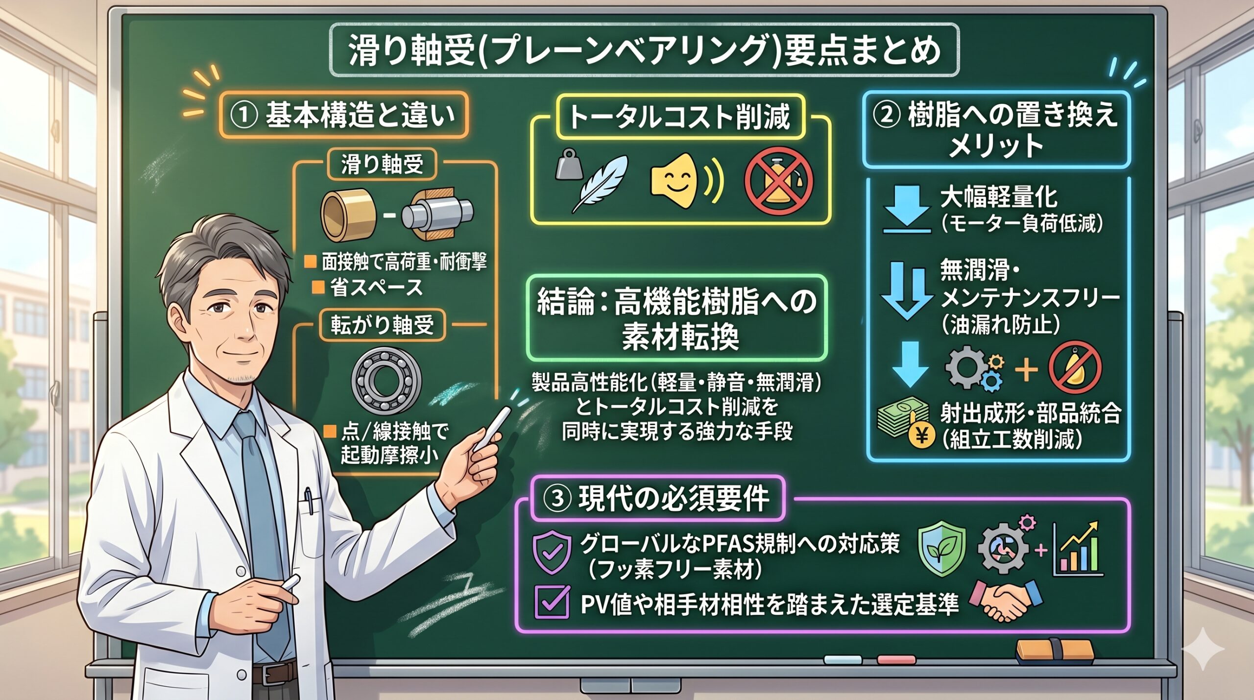 滑り軸受の選定ガイド｜種類・特徴から樹脂化・PFAS規制対応まで徹底解説