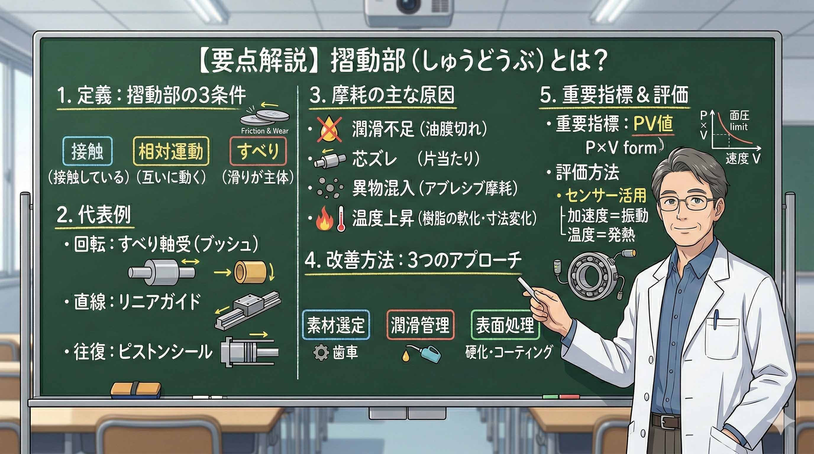 摺動部（しゅうどうぶ）の定義と摩耗原因、摺動性を向上させる素材選定のポイントを解説する図解。