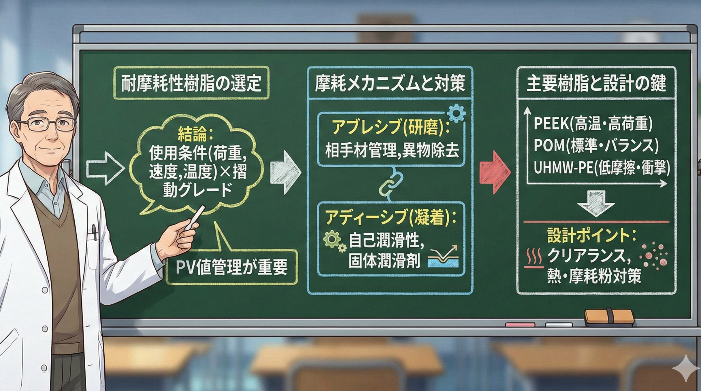 耐摩耗性樹脂の要点を説明しているイラスト。材質・摺動グレードの選定、摩耗メカニズム、主要樹脂の比較、設計の最適化など本記事の重要ポイントをまとめた図。