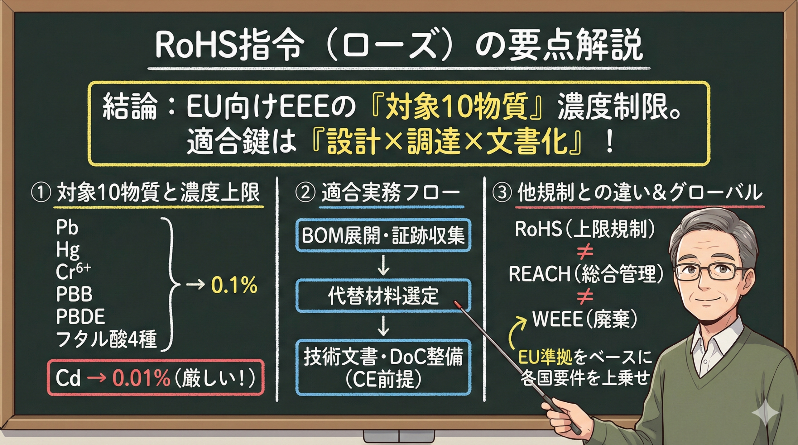 RoHS指令の実務要点。10物質の制限、Cd 0.01%基準、設計・調達・文書化の適合フローを解説する図。