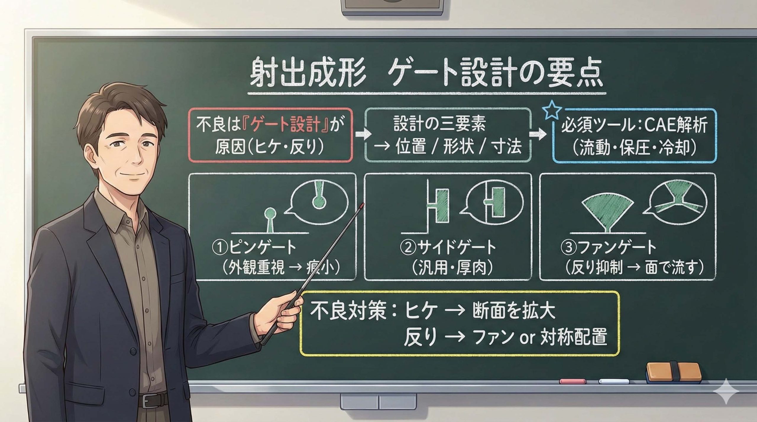 射出成形における代表的なゲートの種類(ピンゲート、サイドゲート等)の構造と特徴を比較した解説図。