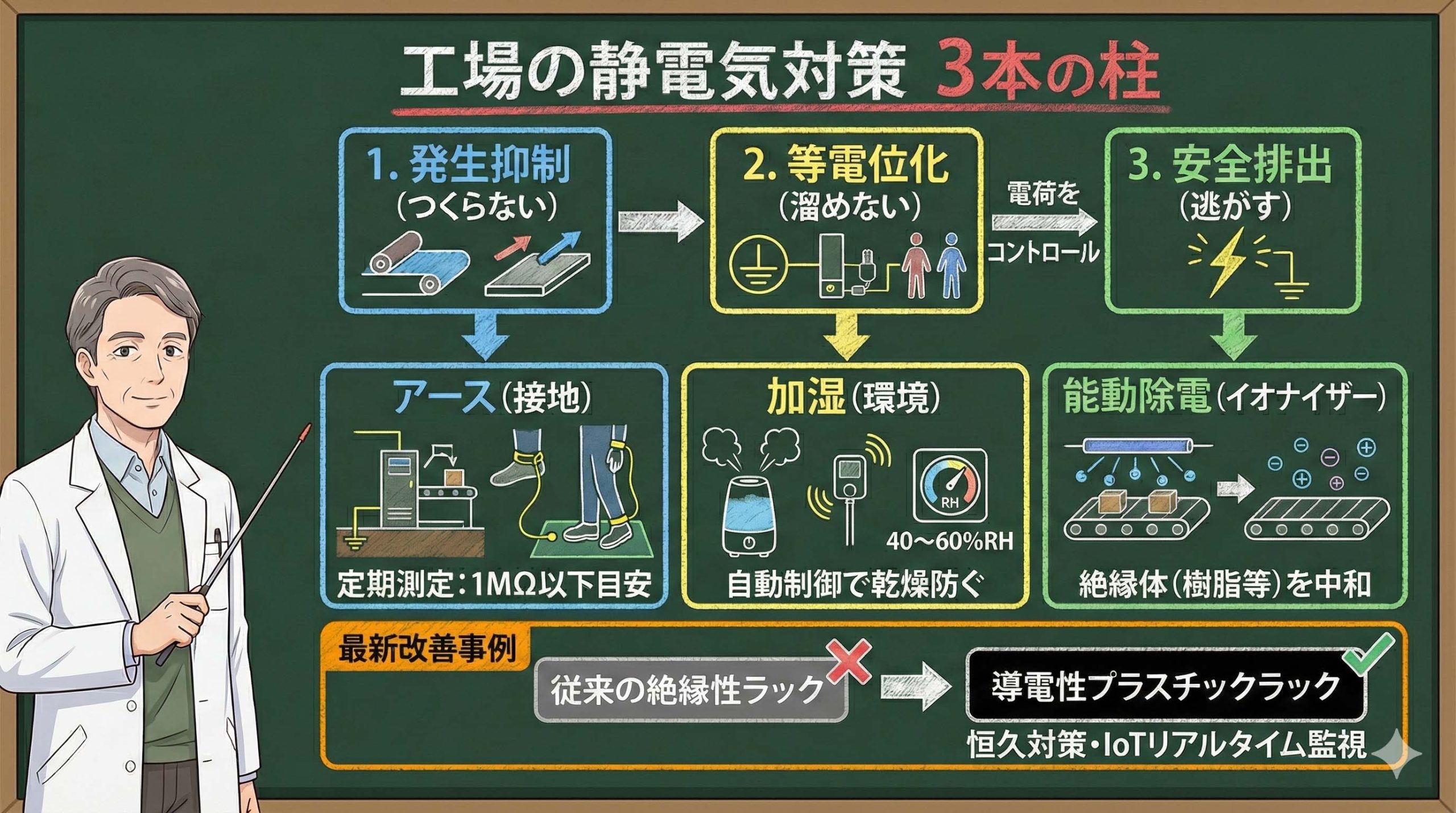 静電気は発生メカニズムさえ理解すればコントロール可能。基礎的な「アース・加湿・除電」の3原則から、金属製設備に代わる「導電性プラスチック」の活用事例まで