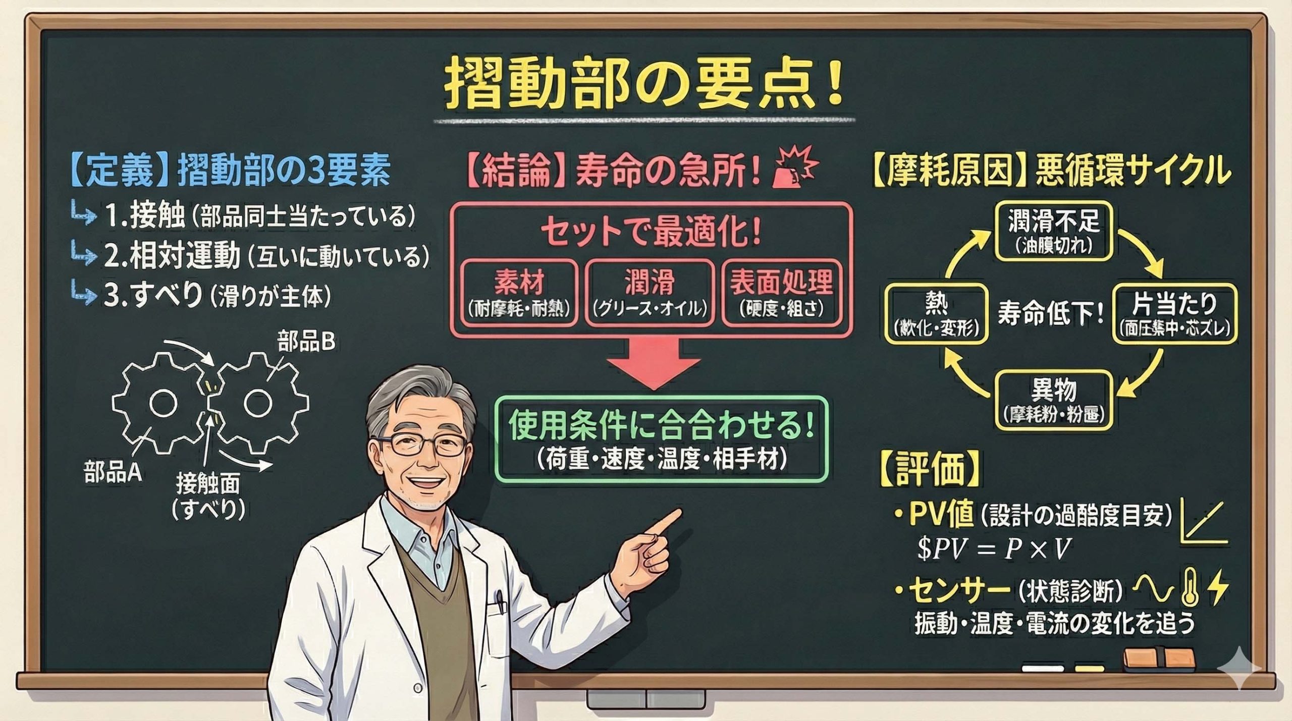 摺動部（しゅうどうぶ）の定義と摩耗原因、摺動性を向上させる素材選定のポイントを解説する図解。