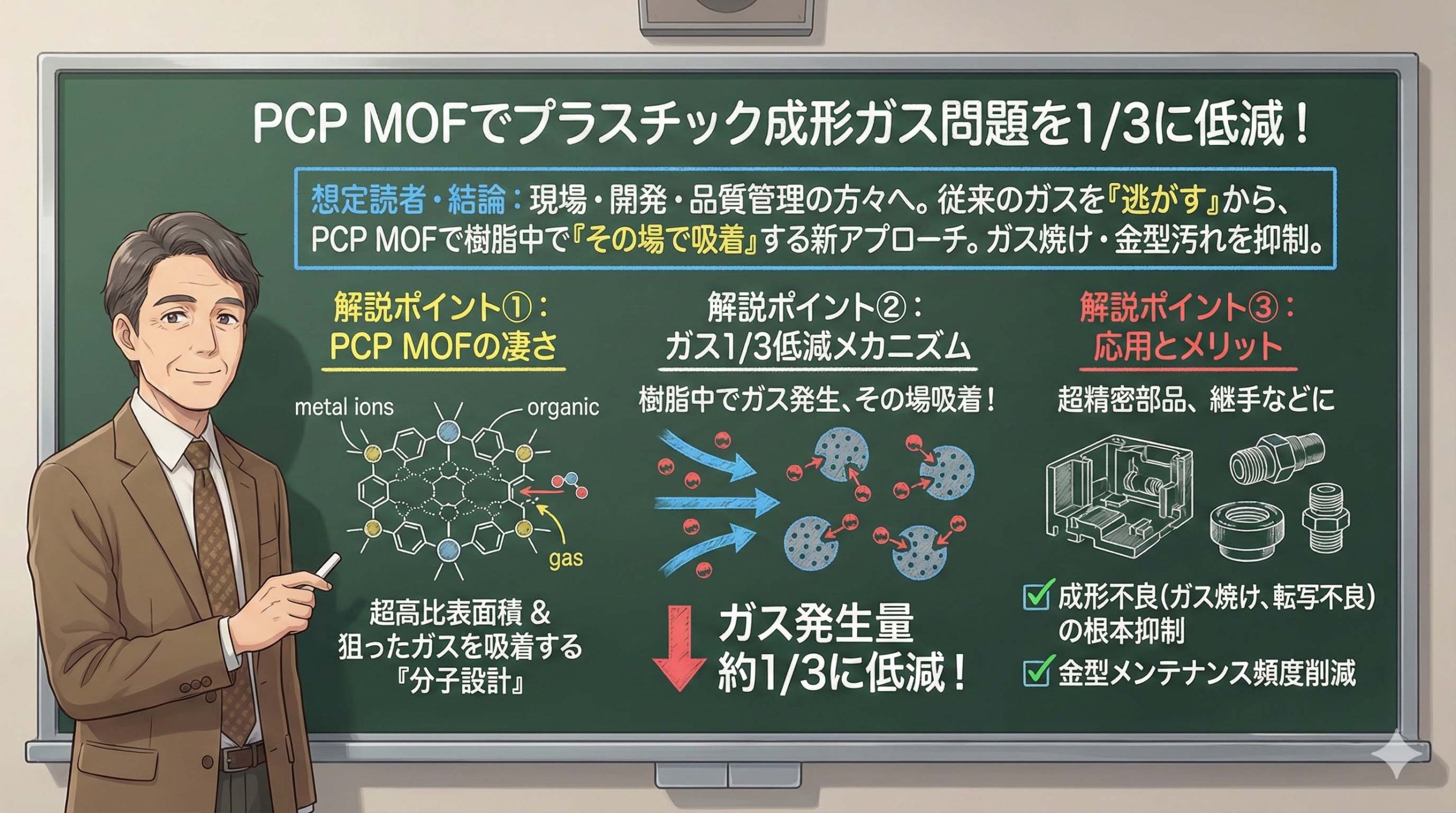 PCP MOF(多孔性配位高分子)を樹脂へ配合することで、プラスチック成形時のガス発生量を約1/3に低減